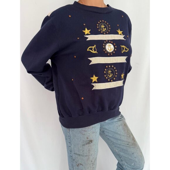 90s vintage navy blue sailor print nautical anchor embroidered pullover sweater - Picture 7 of 9